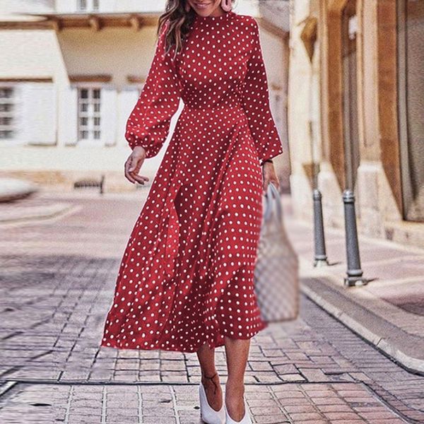 

2020 women polka dot dress long sleeve round collar irregular hem mid-length dress new arrivals, Black;gray