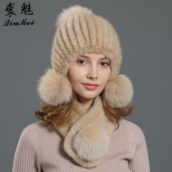 

scarf and cap set for women unique 3 pompom fur natural real fur scarf ladies knitted lined winter beanie sets 2pcs, Blue;gray