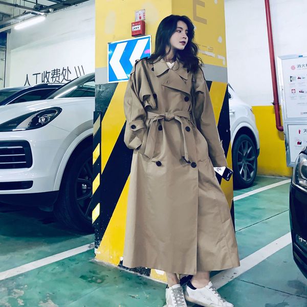

khaki windbreaker women's extra long spring and autumn coat new korean style loose temperament long jacket, Tan;black