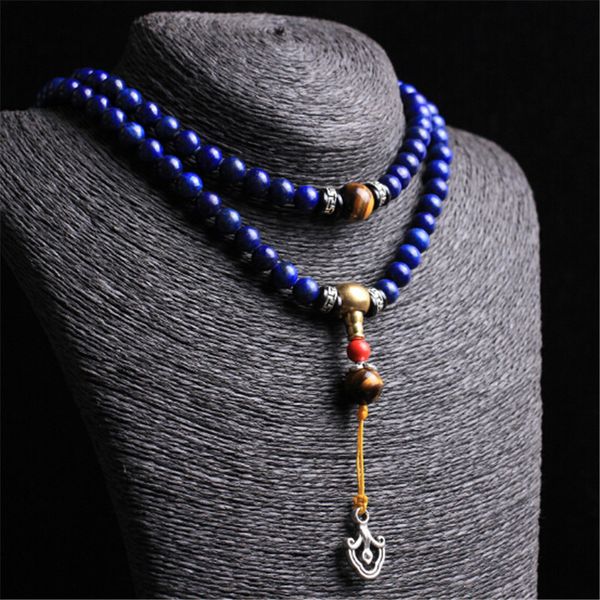 

exquisite emperor 5a grade natural lapis lazuli beads 108 mala strand bracelet handicraft tiger eye stone bracelet or necklace, Black