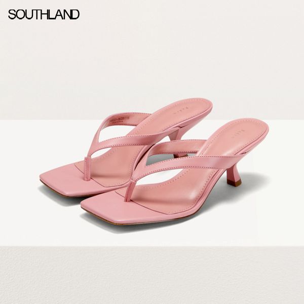 

southland lady slippers simple leather sandals square toe high heel sandals flip flops women's shoes, Black