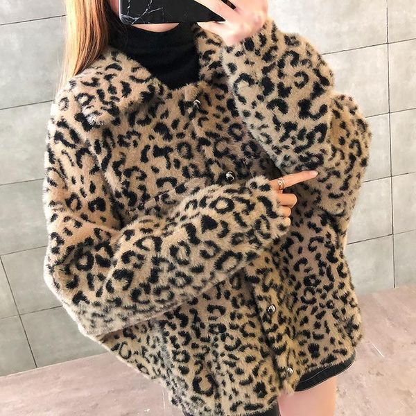 

пальто леопарда printed толстые искусственного меха сыпучие теплый fuzzy сыпучие пальто вскользь женщин конструктора outwear женщины способа, Black