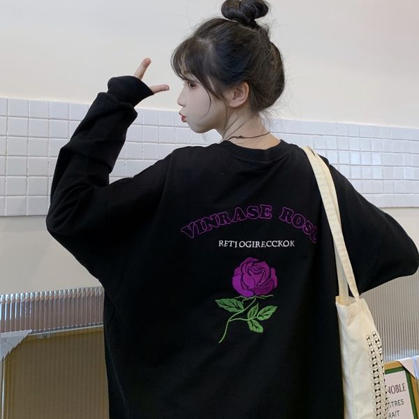 

2020 весна топ вышитый свитер и осень корейского стиля ins нового harajuku черного рыхлое все-матчу похудения круглых шеи свитера вышитых т, Black