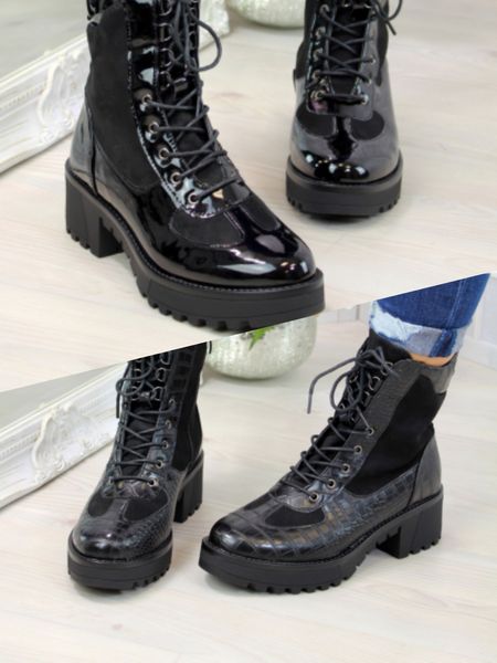 

new winter women boots square heel snakeskin boots genuine leather lace up ankle boots plus size botas mujer fashion martin comfortable, Black