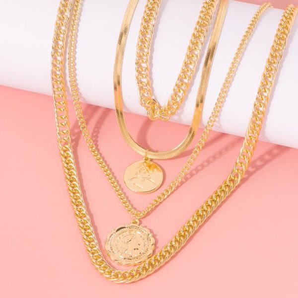 

fashion punk multi layer cuban necklace for women men steampunk thick chunky chain vintage carved coin pendant necklace jewelry, Silver