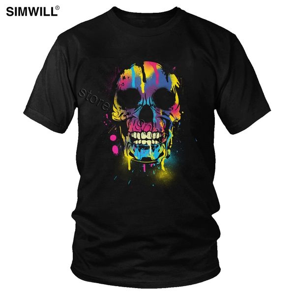 

summer latest t shirts mens cotton skull with colorful drips and paint splatters tees short sleeves crew neck leisure t-shirt
