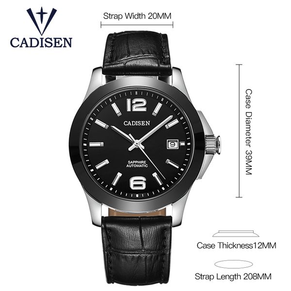 

cadisen watches mens automatic mechanical watch wrist miyota 8215 japanese movement classic black leather ceramic wristwatch man, Slivery;brown