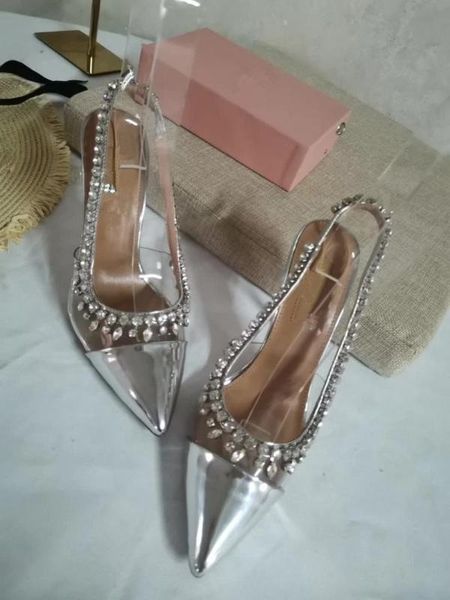 

2020 summer rhinestone transparent spliced stiletto sandals woman's shoes genuine leather, Black