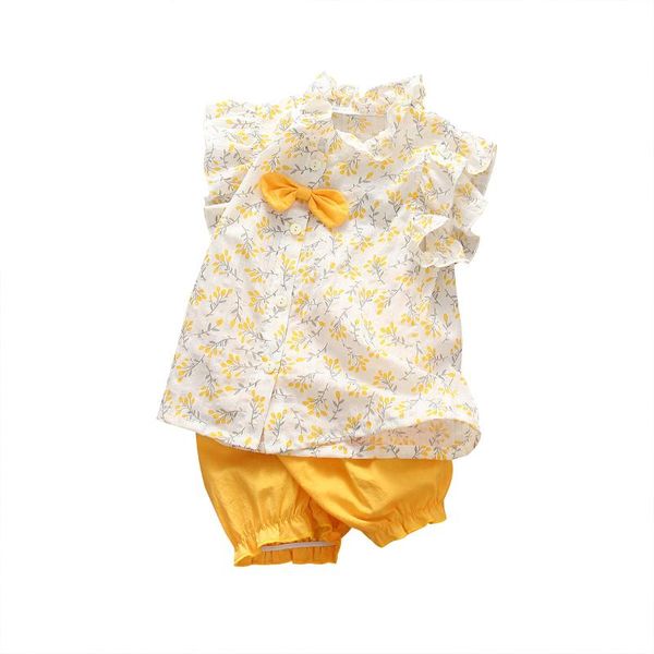 

girls summer clothes two piece set fashion floral bow single-breasted and elastic lantern shorts moisture-absorbing, White