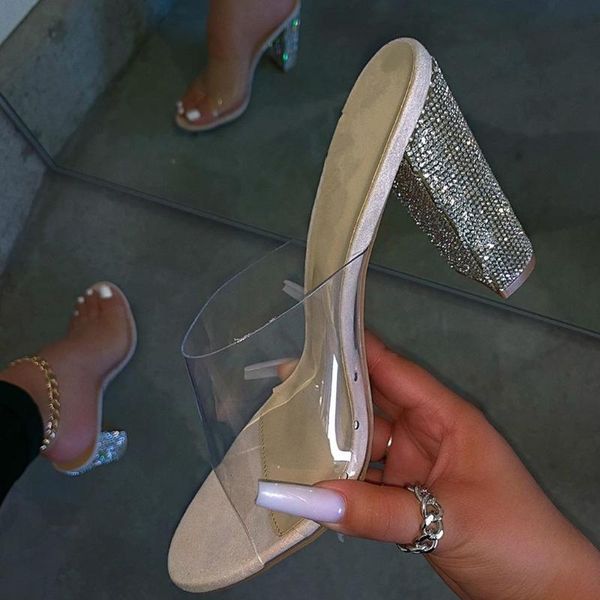 

2020 new women's slippers elegant woman transparent rhinestone sandals thin high heels peep toe slip-on slippers shoes#5.18, Black