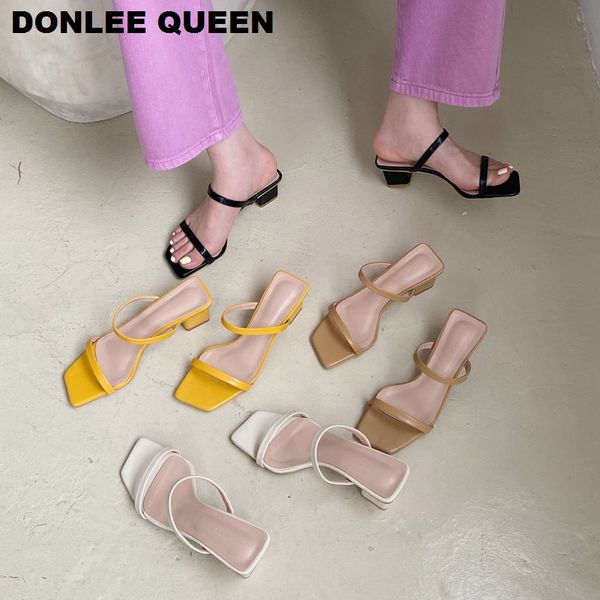 

square heels slippers women med heel slides slip on flip flops narrow band sandal elegant ladies slipper sandalias mujer size 41, Black