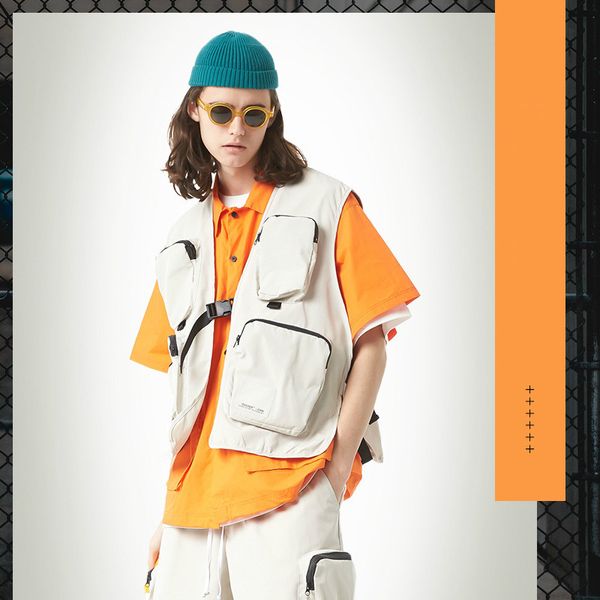 

осень новых людей вскользь vest tide brand печать сыпучие пряжки multi-карман грузовой жилет, Black;white