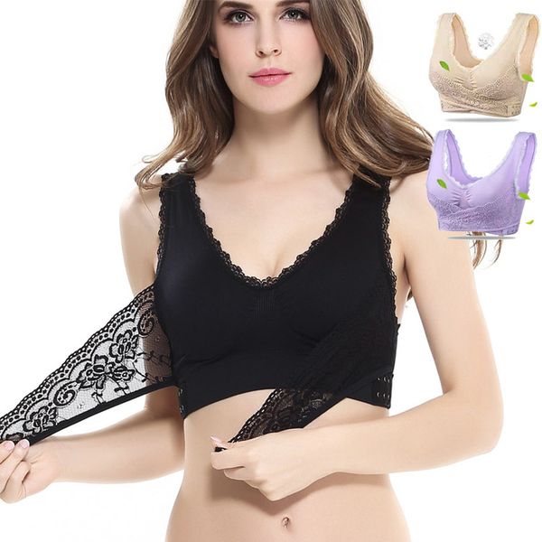 

gym clothing plus size sports bras women lace push up bra front side buckle wiresport yoga xl xxl xxxl, White;black