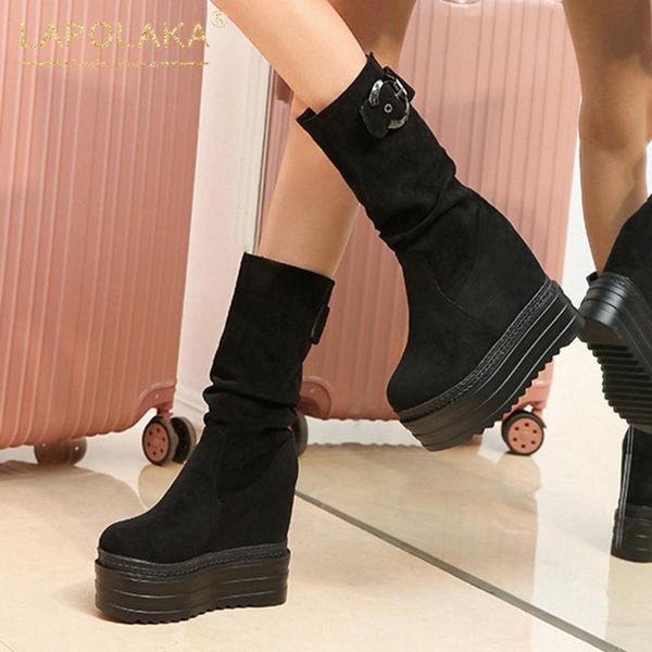 

lapolaka fashion new height increasing spring shoes ladies boots woman slip on platform concise mid calf boots female, Black