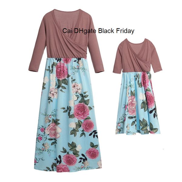 

2020 family matching dress mom daughter floral print v-neck long dress for party fashion mother daughter twins outfits clothes, Blue