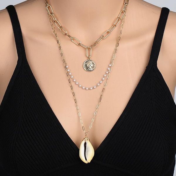 

european and american multistory necklace natural shell pendant necklace vintage roman gold coin head tag ornament, Silver