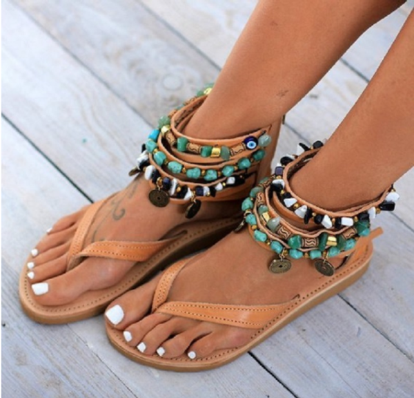 

2020 new flat women sandals summer open toe roman beach shoes bohemian handmade beading sandals gladiator ladies flip flops big, Black