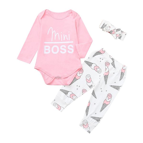 

new arrival infant baby girls letter romper+ice cream print pants+headband outfits set z0128, White