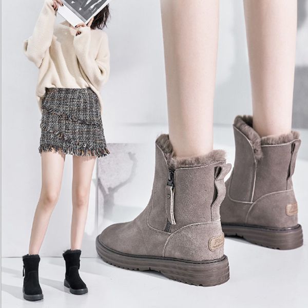 

women's snow boots for autumn/winter, genuine cotton boots, zipper, ankle boots, ground leather snow boots, Black