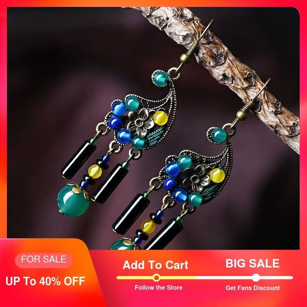 

ethnic drop dangle earrings for women green blue yellow carnelian bronze alloy flower hanging hook vintage fasion jewelry 2020, Silver