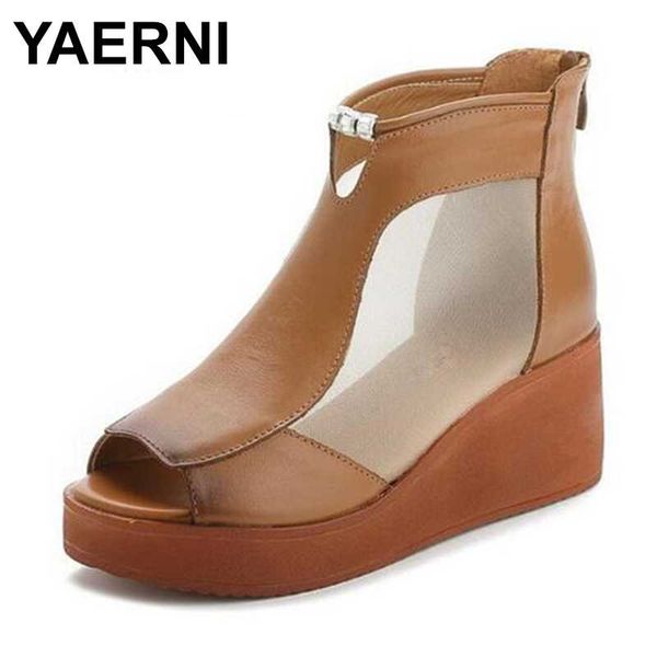 

yaerni summer women genuine leather sandals high heel wedges hollow platform peep toe female ladies shoes zapatos de mujer, Black