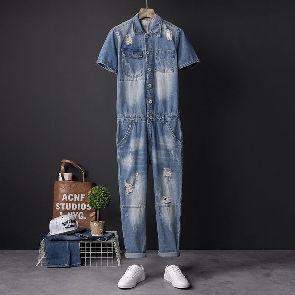 

men hiphop ripped denim jumpsuit casual short sleeve jean overalls vintage outerwear slim bib harem pants dj singer costumes, Blue