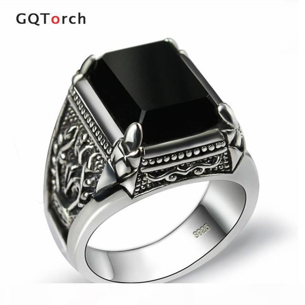 

black obsidian ring vintage 100% real pure 925 sterling silver for mens with natural stone genuine fine jewelry rock fashion, Slivery;golden