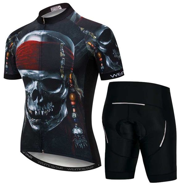 

men's cycling jersey sets bicycle clothing short sleeve kit summer cycling bike bib shorts gel pad pirate skull, Black;blue