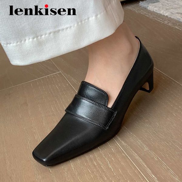

lenkisen simple style cow leather neutral fashion square toe med strange heel slip on beauty lady daily wear women pumps l15, Black
