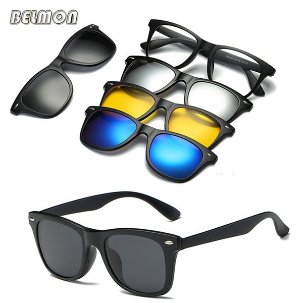 

belmon spectacle frame men women with 4 piece clip on polarized sunglasses magnetic glasses male driving myopia optical rs476, Black