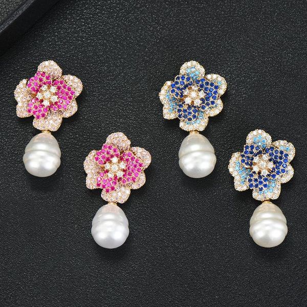 

godki 2020 flower charms women earrings trendy cubic zircon imitation pearl earring for women accessories, Golden;silver