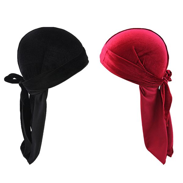 

2pcs velvet bandana durag headwear silk pirate cap wrap hat, Black