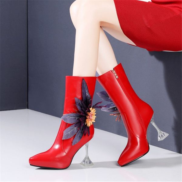 

pxelena 2020 gorgeous designer flower crystal strange high heel ankle boots lady genuine leather party dress evening shoes women, Black