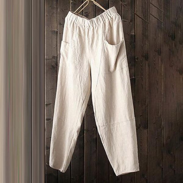 

women pure color high waist wide leg pants cotton linen trousers loose pants fashion casual 2.21, Black;blue