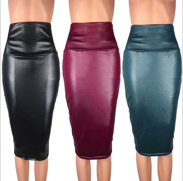 

women black pu leather skirt pencil high waist autumn faux leather knee length winter skinny office skirts womens warm