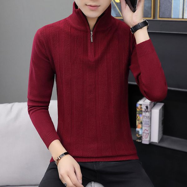 

2020 men's new half-collar sweater stylish cool youth half zip casual slim sweater, White;black
