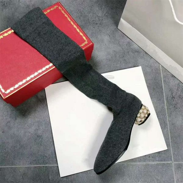 

sock boots thigh high boots crystal chaussures femme med heels women shoes square toe ladies pearl scarpe donna slip on, Black