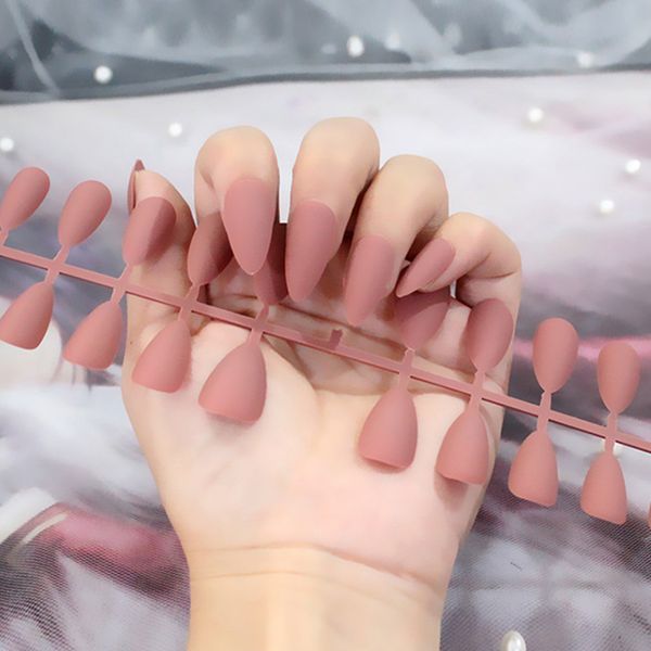 

matte false nail women nail art decorations adhesive fake nails solid color frosted full cover long nail tips acrylic nails supplies, Red;gold