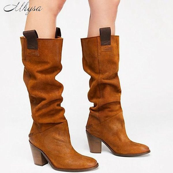 

2020 autumn new suede women boots thick high-heeled women's shoes over the knee pointy thick heel high tube botas de mujer d1702, Black