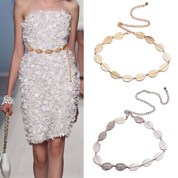 

fashion lady girl thin gold silver metal leaves shape wedding designer belts metal female belt women girl stretch skinny belt, Black;brown