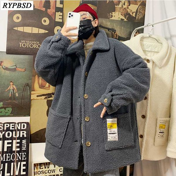 

winter coat men warm thicken lamb wool coat loose fashion solid casual single breasted plus cotton lamb wool jacket outwear, Black