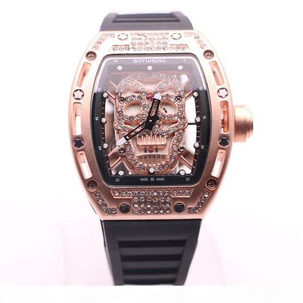

boyuheng hollow skull skeleton 43mm diamond full gold dial tonneau mens watches transparent quartz battery gold movement watch wristwatches, Slivery;brown