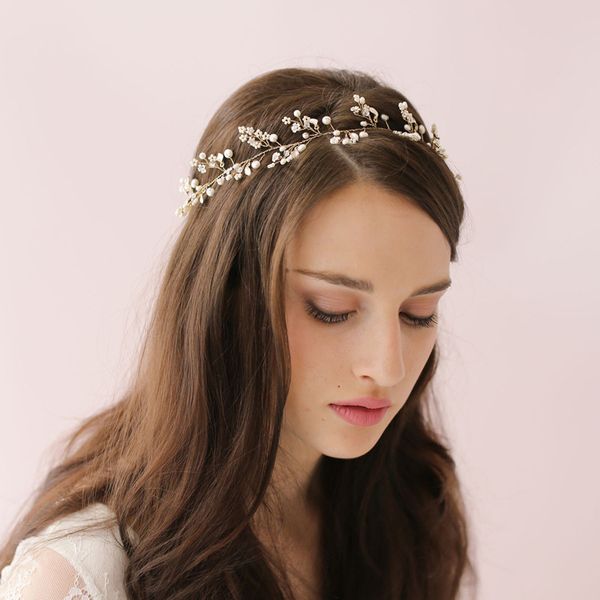

new fresh simple bride wedding hair jewelry korean pure hand-made string pearl crystal hair band hoops, Golden;silver