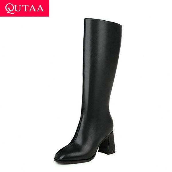 

qutaa 2021 square high heel knee high boots pu zipper fashion women shoe autumn winter square toe all match long boots size34-43, Black