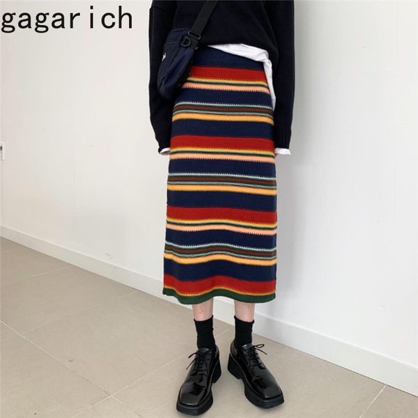 

gagarich women knitted skirt midi autumn winter retro high waist rainbow striped casual skirts fashion 2020, Black