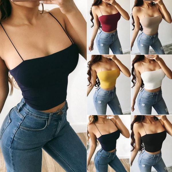 

women spaghetti strap solid color plain crop casual vest t-shirt sleeveless tank summer, White