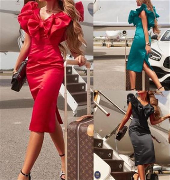 

pencil dresses women bow split sleeveless mid calf clothes womens designer v neck bodycon dress summer panelled sexy, Black;gray