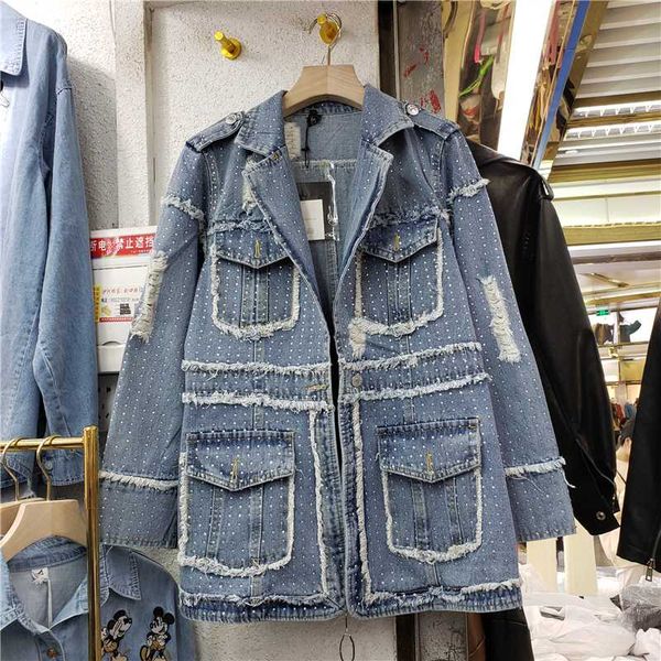 

european denim jacket women drilling diamond denim jacket women's vintage ripped holes long suit collar jean female, Black;brown