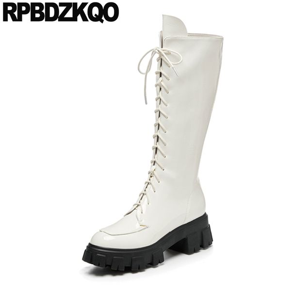

boots shoes creepers long flatform chunky women winter 2021 big size muffin platform patent leather white knee, Black