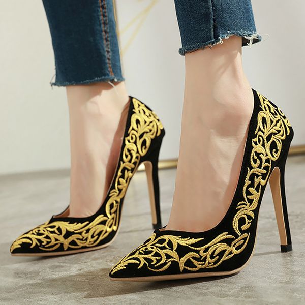 

dress shoes women pumps high heels woman vintage ladies embroidered stiletto, Black